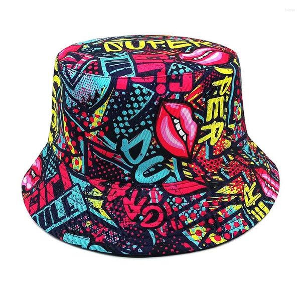 Berets feminino graffiti lip padrão pescador chapéu na moda rua proteção solar e guarda-sol masculino