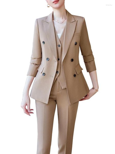 Damen Zweiteilige Hose Herbst Winter Damen Weste Blazer und Hosenanzug Schwarz Khaki Büro Damen Business Arbeit Karriere Tragen Formal 3 Stück