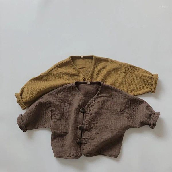 Giacche 2024 Primavera Neonati maschi Cappotti di lino in cotone Stile coreano Retro Tinta unita Cardigan per bambini Top per bambini Casual