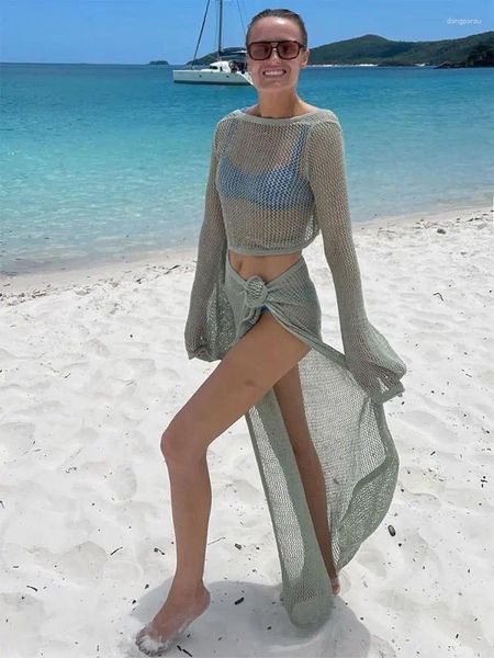 Sexy maglia ritagliata manica a campana top corto con lacci spiaggia gamba fessura vestito gonna estate donna bikini copricostumi set abbigliamento da spiaggia copertura da spiaggia