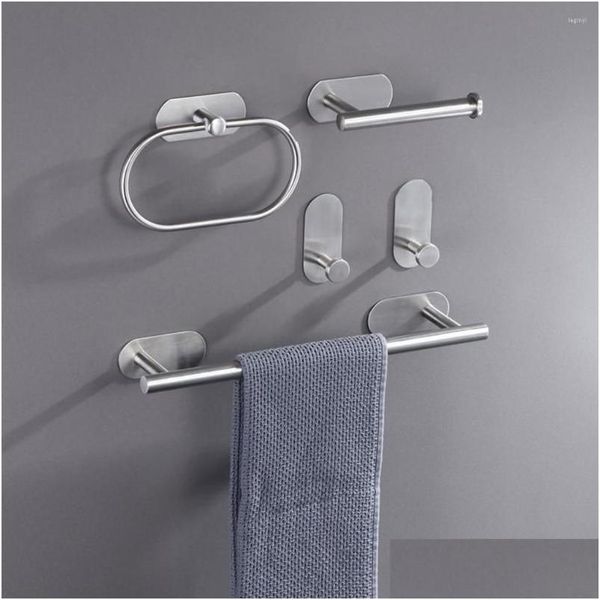 Set di accessori per il bagno Montato a parete Portasciugamani per bagno Porta abiti in acciaio inossidabile Appendiabiti per bagno Punch autoadesivo Sier Drop D Otnzr