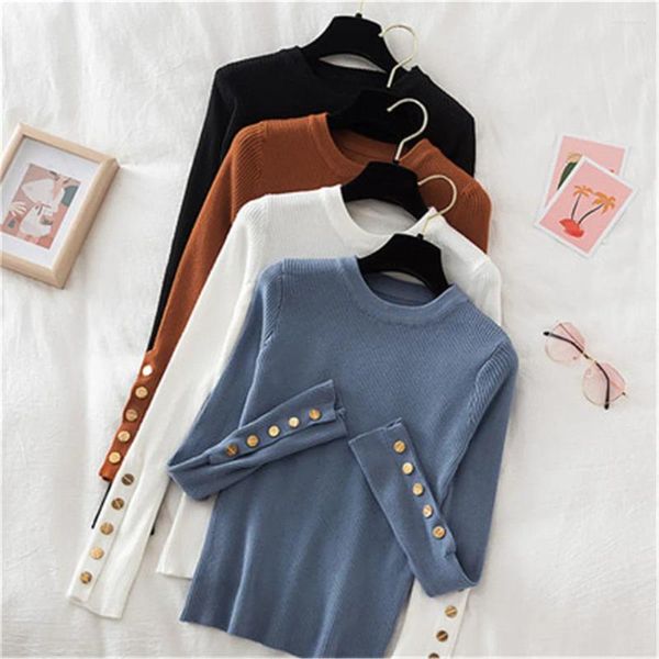 Damenpullover 2024 Stil Herbst Winter Button O Neck Pullover Damen Pullover Kurze Enge Lange Ärmel Stricken Niedrige Taille Top Pullover