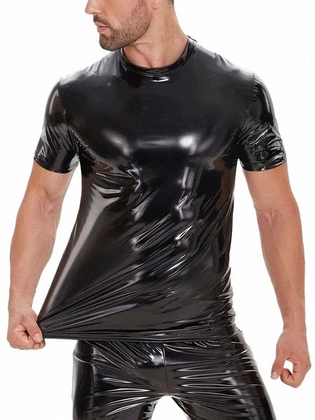 S-5XL Brilhante Faux PU Couro Manga Curta Olhar Molhado PVC Camiseta Homens Hip Hop Camiseta Calças Sexy Hot Shapers Muscular Musculação Top 78Sw #