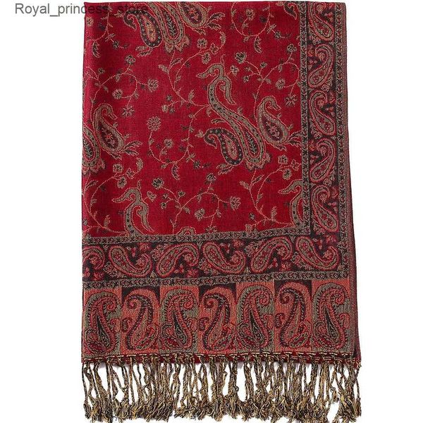 Sciarpe Paisley Motivo con bordi floreali Sciarpa di seta Pashmina scialle confezione coperta reversibile confortevole retrò con bordo 70X180 cm 200 g Q240326