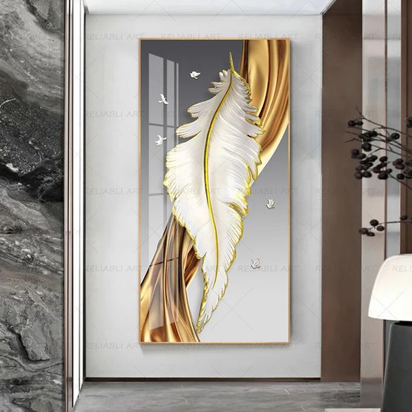 Poster di piume dorate di grandi dimensioni Immagine di arte della parete per soggiorno Pittura su tela Ingresso astratto Decorazione della casa Stampe moderne