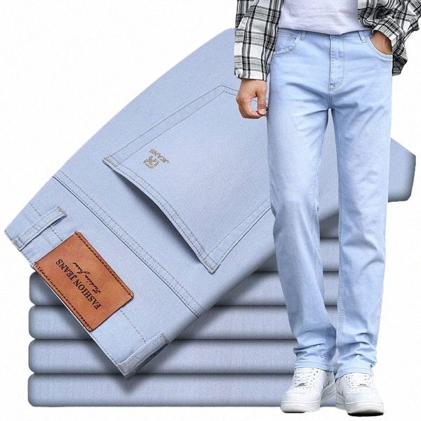 2023 primavera estate nuovi uomini cielo blu slim stretch jeans stile classico fi casual denim pantaloni maschili pantaloni di marca S9rT #