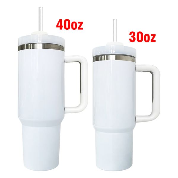 ABD Depo 40oz/30oz Parlak Beyaz Süblimasyon Çift Duvarlı Paslanmaz Çelik Tumbler Yalıtımlı Termos Açık İçme Suyu Botel Buzlu Kahve için Pipet