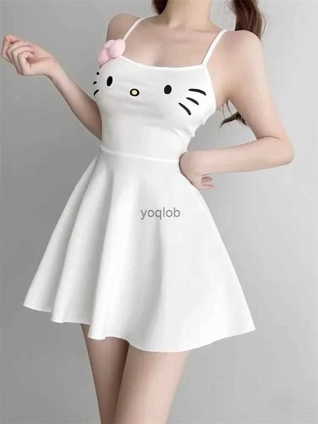 Vestidos casuais básicos houzhou kawaii vestido branco mulheres japonês y2k gato rosto bordado bonito espaguete cinta mini vestido arco retalhos anime sundressl2403