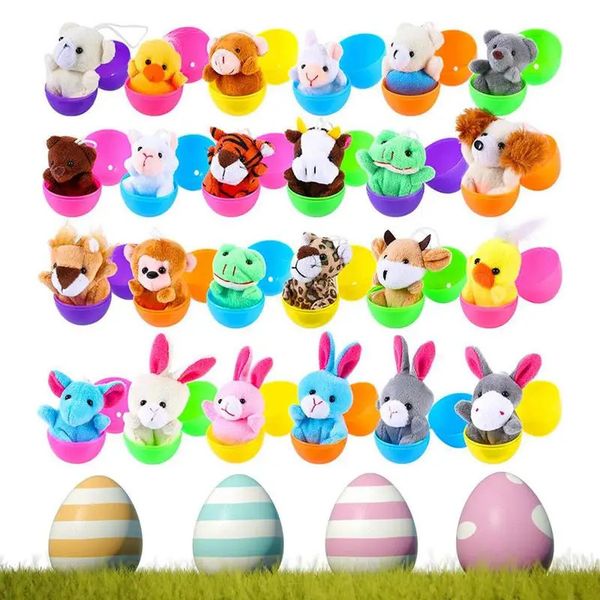 24 pçs novidade páscoa cheia ovo surpresa com fantoches de dedo animal brilhante colorido ovos de páscoa cesta de festa de páscoa suprimentos 240314