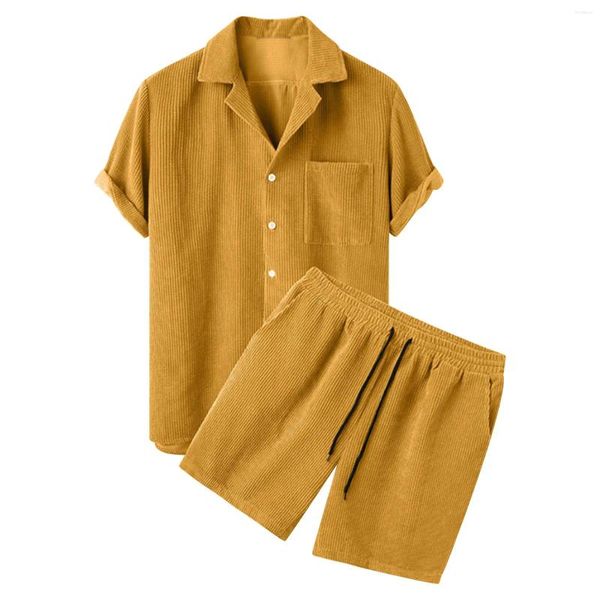 Fatos masculinos 2024 verão veludo conjunto streetwear casual sólido de manga curta botão camisa e shorts roupas de luxo 2 peça terno