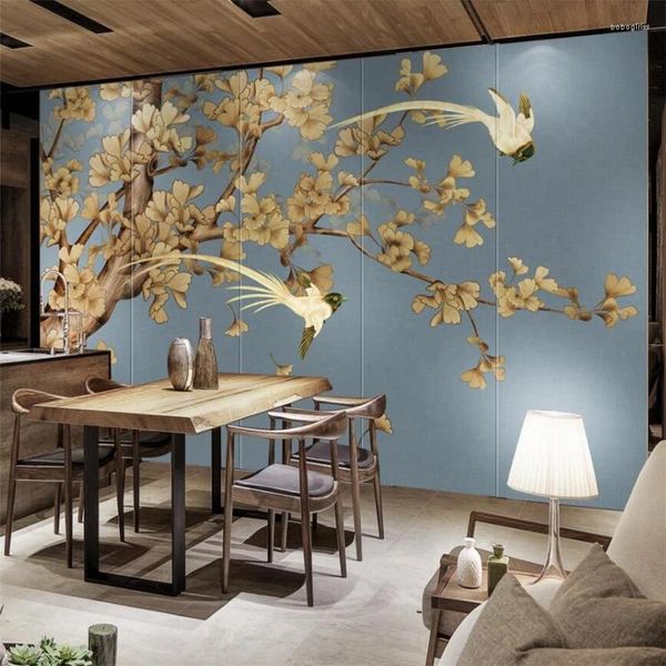 Wallpapers Wellyu estilo chinês pintado à mão retro ginkgo tv fundo pintura de parede personalizado grande mural verde pano de seda papel de parede