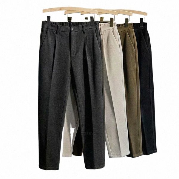 inverno di spessore pantaloni dell'abito da uomo casual dritto drappo coreano classico Fi Busin panno di lana marrone nero pantaloni formali maschile J4TW #