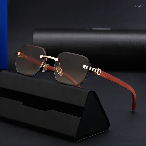 Óculos de sol retro frameless woodgrain homens ins na moda feminino diamante corte borda anti luz azul óculos quadro de negócios literário