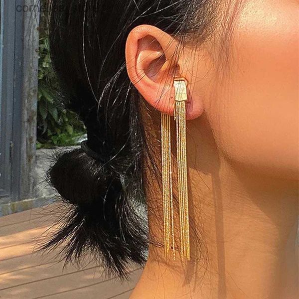 Ear Cuff Ear Cuff 1 moda longa corrente de metal dourado borla brinco clipe de punho sem perfurações adequado para joias diárias femininas Y240326