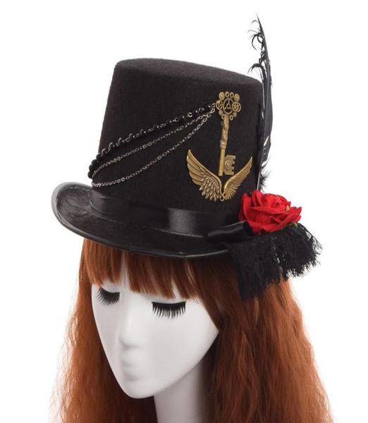 Lolita Donna Steampunk Gear Cappello in pizzo floreale Cappello a cilindro nero vintage vittoriano Accessorio per feste di alta qualità4480164
