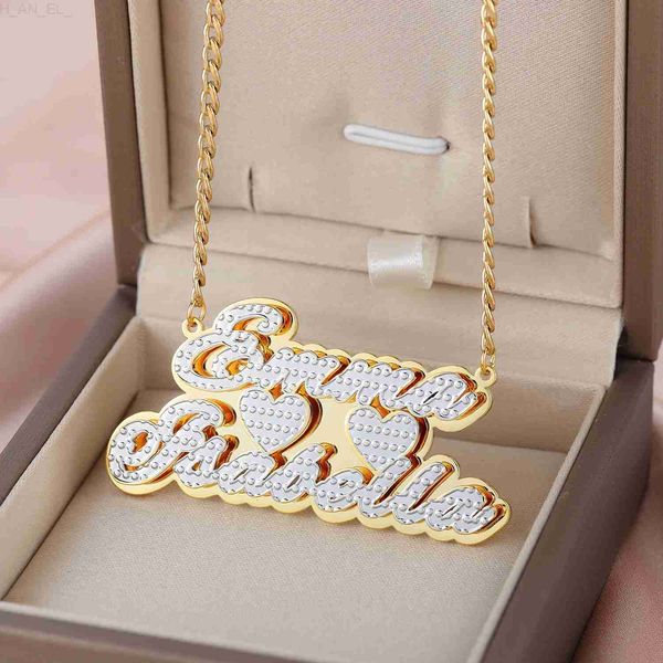 Ожерелья с подвесками Ожерелье по индивидуальному заказу Двойная пластина Два тона с двумя сердцами Персонализированные позолоченные ожерелья с двумя именами Подвеска JewelryC24326