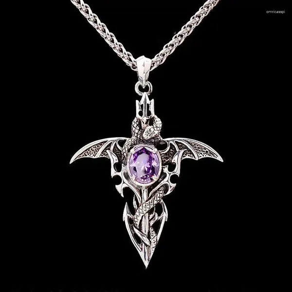 Colares Pingente Vintage Demon Sword Roxo Cristal Colar Cruz Pterossauro Long Chain Hip Hop Jóias Acessórios Presentes