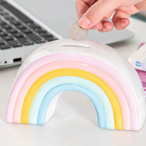 Caixas Bank Piggy Rainbow Money Box Kids Cerâmica Girls Pote Ponto Bancos Jar de Armazenamento Economia Decorativa Única Rainbows Adultos