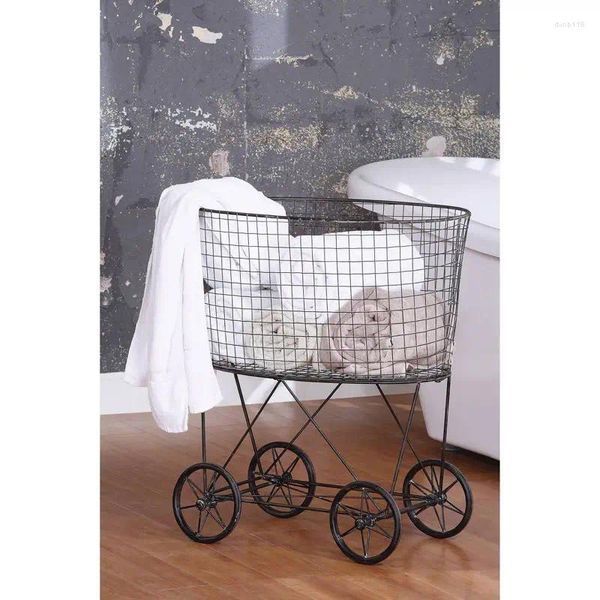 A lavanderia ensaca a cesta do metal do vintage das rodas com punho para a mobilidade fácil