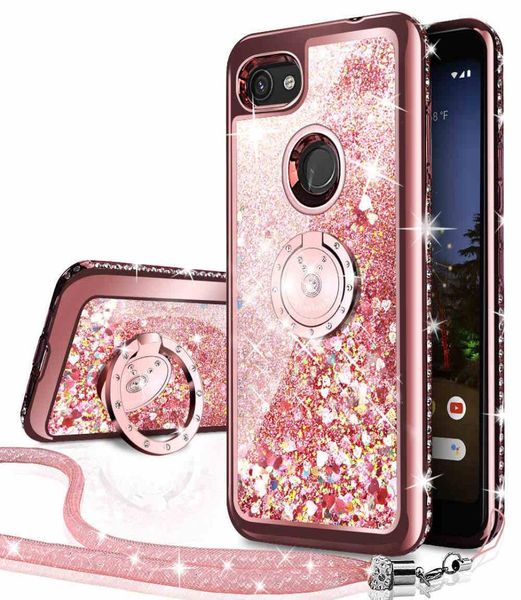 Google Pixel 3a CaseBling Diamond Rhinestone Moving Liquid Holographic Sparkle Glitter Cases com Kickstand Cover para meninas Women2293072