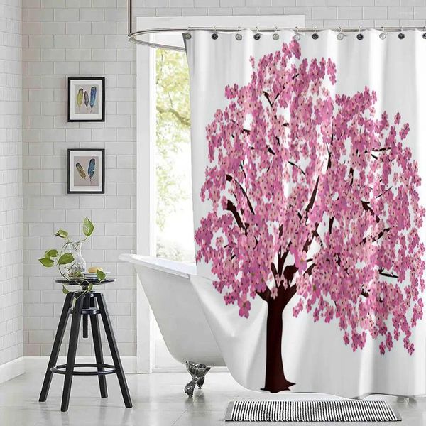 Tende da doccia Albero in fiore Tenda primaverile Marrone Nero Torso Piena fioritura Tessuto in poliestere stampato Bagno impermeabile con ganci