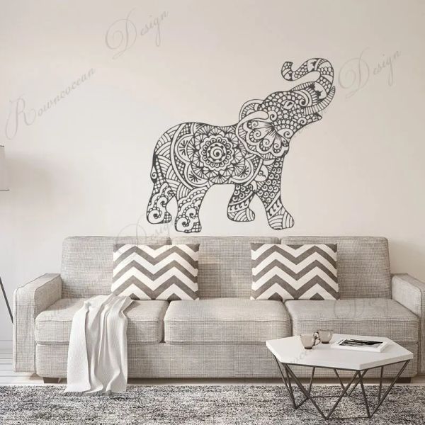 Aufkleber Indischer Mandala-Elefant-Wandaufkleber, Vinyl, Heimdekoration, Yoga-Zimmer, Schlafzimmer, Bohemian-Boho-Wandaufkleber, abnehmbare Wandbilder 3A52