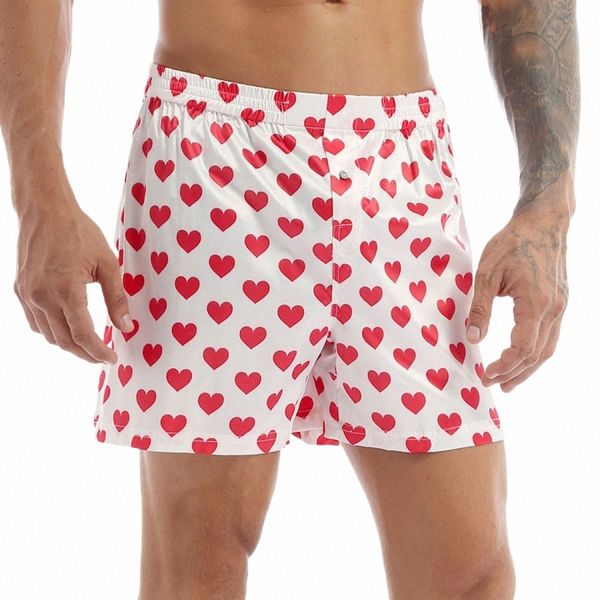 Boxer da uomo Pantaloncini Indumenti da notte in seta Intimo Stampa cuore Bottoms Lounge Beach Pantaloncini Leggeri Pantaloni sportivi allentati Lounge Hot Q94L #