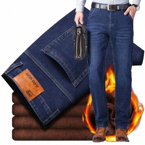 2023 Marke Herbst Winter Warme Beflockung Denim Weiche Mann Aktivitäten Fleece Linie Männer Jeans Schwarz Blau Grau Farben L5Vm #