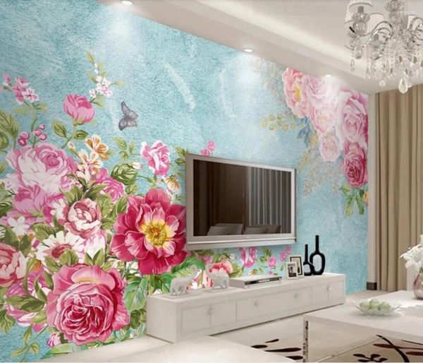 Sfondi 3D Fiore rosa Murale per soggiorno Camera da letto Rotoli di carta da parati Decalcomanie d'arte Carta da contatto Murales floreali moderni personalizzati