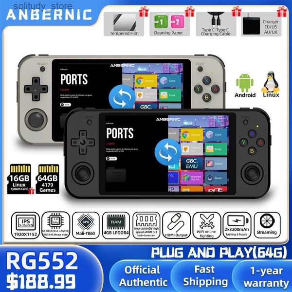 Jogadores de jogos portáteis RG552 Anbernic Retro Video Game Console Dual Systems Android Linux Pocket Game Player Construído em 64G 4000+ Jogos Q240326