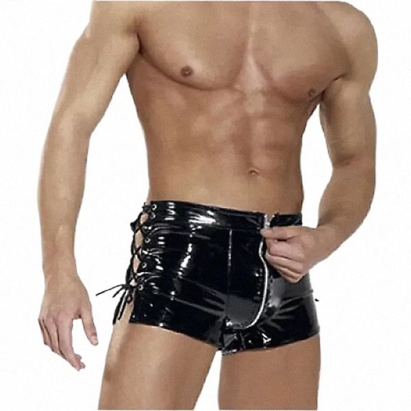 2018 Masculino Preto Sexy Apertado Couro Látex PVC Shorts Homens Patente Micro Mini Pole Dance Hip-hop Cordão Hotpants B5jw #