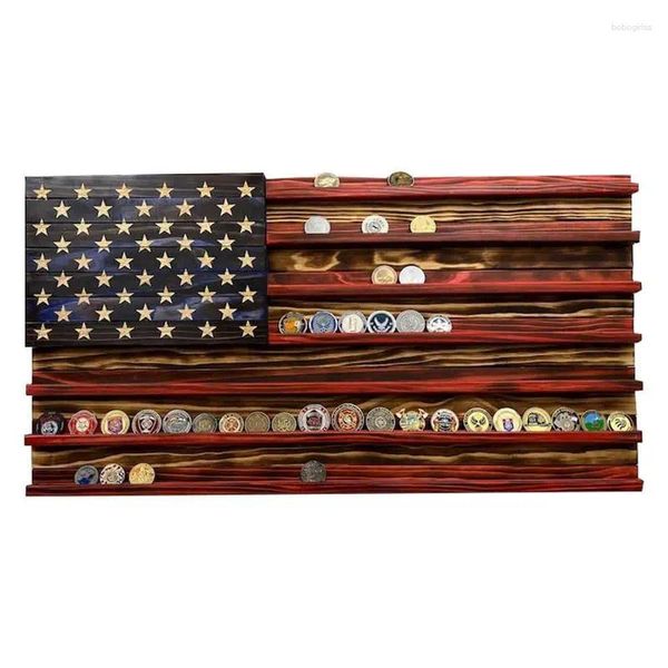 Piatti decorativi Espositore per monete con bandiera americana in legno 7 file Supporto per rack da collezione montato a parete Desktop