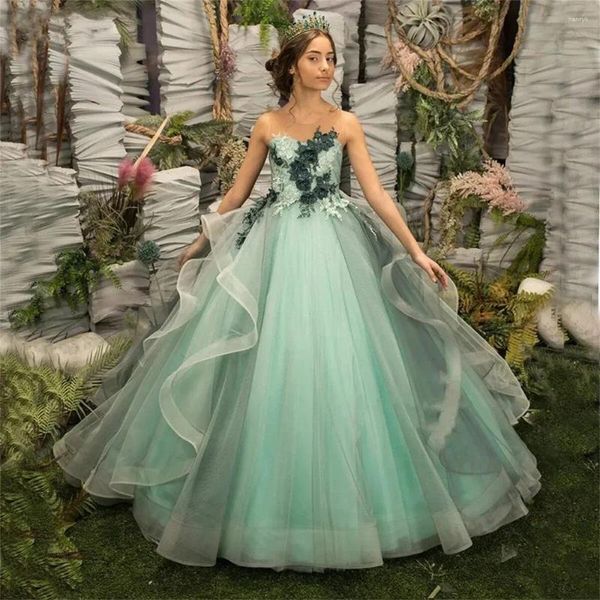 Mädchen Kleider Elegante Mintgrün Ärmellose Tüll Rüschen Blume Für Hochzeit Prinzessin Spitze Applikationen Erstkommunion Kleider