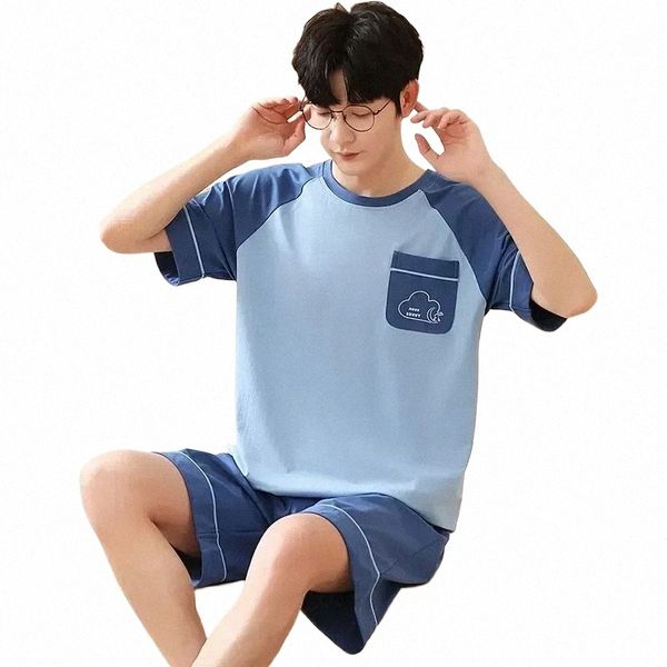 Пижамы Slee Young Tops Cott с короткими корейскими рукавами Pijamas Pjs 2023 Мужская Fi Set Мальчики Пижамы Летние шорты Ночная рубашка 24Ty #