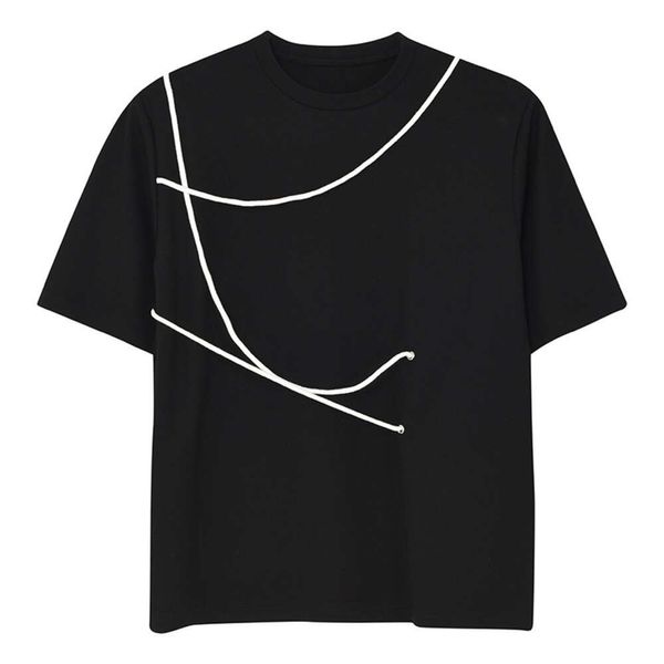 Estilista verão vestindo corda ombro almofada manga curta camiseta para design minoritário masculino, camiseta simples e de alta qualidade