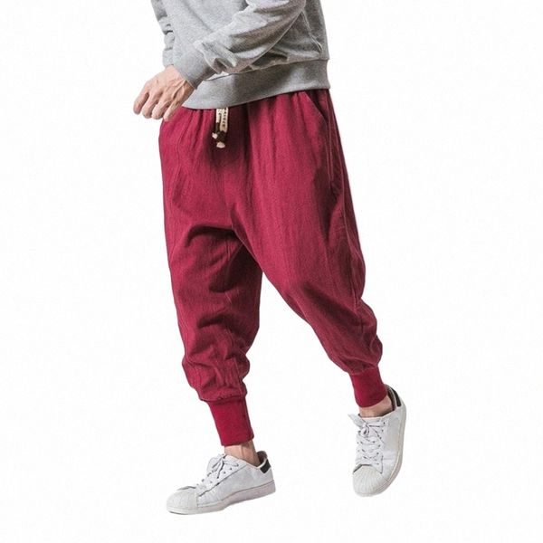 Neue Cott Leinen Hosen Männer Schwarz Rot Casual Joggers Hip Hop Streetwear Übergroßen 4XL Baggy Drop-gabelung Hosen Männer hosen 65RE #