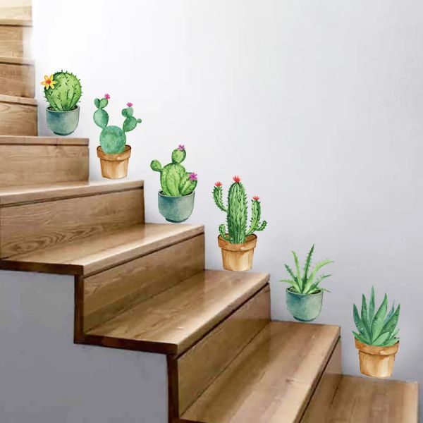 Adesivi Verde Giardino Pianta Cactus Vaso di fiori in vaso Set 3D Decalcomanie da muro fai da te/Adesivo Adesivo da parete per famiglia Arte murale Arredamento scale bagno