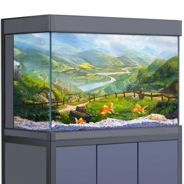 Decorações adesivo de fundo de aquário decoração para tanques de peixes, hobbit meio mágico natureza hd 3d pôster 555 galões habitat de répteis