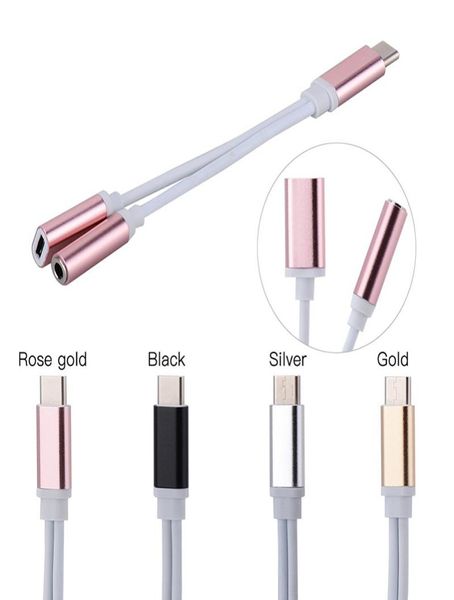 Caricabatterie e adattatore 2 in 1 Cavi di tipo C Cuffie per auricolari Adattatori jack Cavo connettore Cuffie Aux da 3,5 mm per telefoni Android6346124