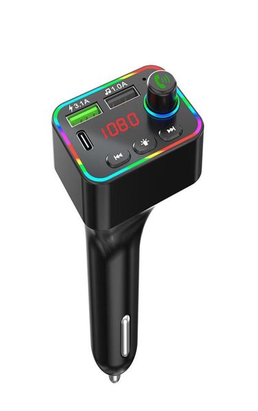 Caricatore per auto F4 Trasmettitore FM Doppia porta USB per ricarica rapida PD Vivavoce o ricevitore Lettore MP3 Luci colorate per atmosfera con scatola al dettaglio8474957