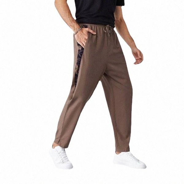 Khaki Gespleißte Casual Hosen Männer Cott und Leinen Hosen Frühling Sommer FI Männer Hosen Grüne Aprikose Farbe Spitze-up Slacks I9Jy #