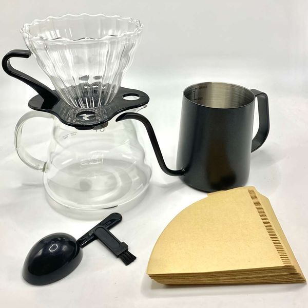 6pcs/set, set p1 pour -over (11,83 once), tazza, condivisione bollitore (12.17 once), v02 carte da filtro a colori originali (40 fogli), scoop, pennello per la pulizia - moderno, essenziale per