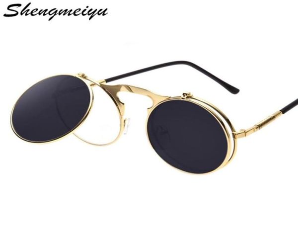 2018 novo flip up steampunk óculos de sol masculino redondo vintage óculos de sol marca moda uv4003550311