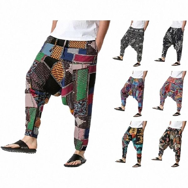 Pantaloni da uomo Casual Cott Harem Pantaloni stile bohemien Yoga Pantaloni larghi vintage Sarouel Homme Hippy Hose HK02 F4so #