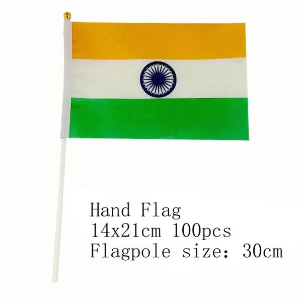 Acessórios zwjflagshow Índia Bandeira de Mão 14*21cm 100pcs poliéster Indiano Pequeno Mão acenando Bandeira com mastro de plástico para decoração