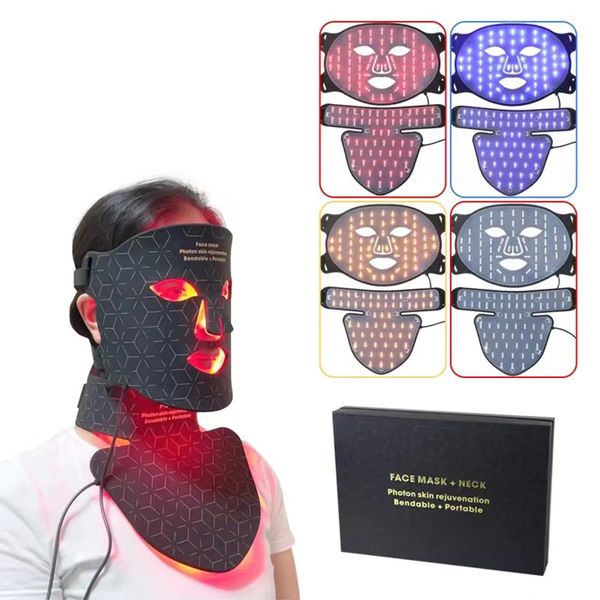 Máscara LED original para rosto ou pescoço, terapia de luz vermelha, 240 contas de lâmpada, material de silicone, ajuste de 4 cores, luminoterapia facial, controle de óleo para beleza do pescoço, cuidados com a pele