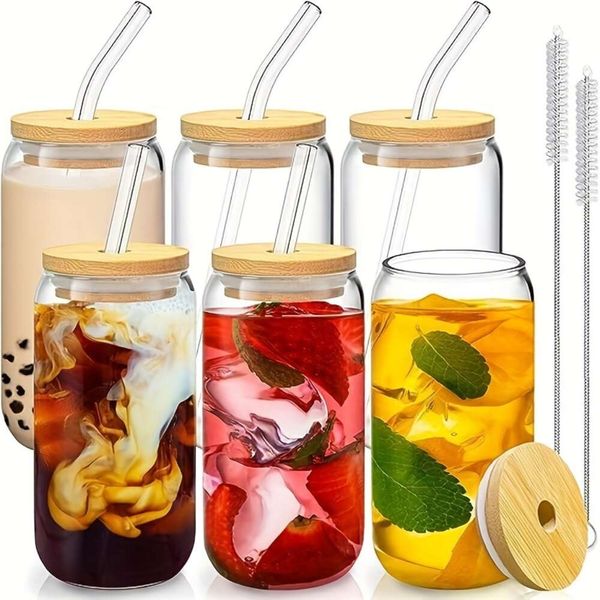 1 conjunto de copos com tampas de bambu e canudo de vidro – formato de lata de cerveja para beber copos de café gelado de 16 onças, copo bonito para smoothie, chá Boba, uísque, água