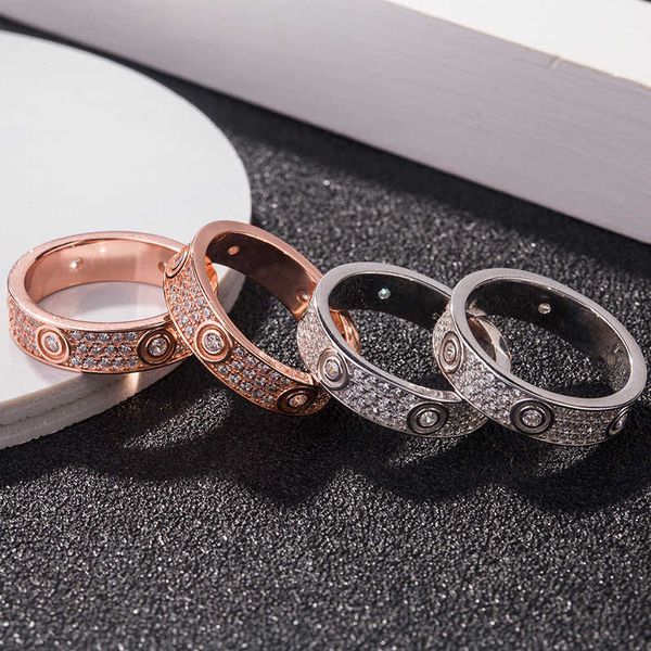 Designer s925 prata esterlina céu cheio estrela três fileiras diamante amor casal anel banhado com par de parafusos de ouro rosa 18k