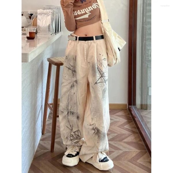 Jeans femininos 2024 tamanho grande solto cintura alta calças retas primavera e outono hip hop país respingo tinta ins design sentido