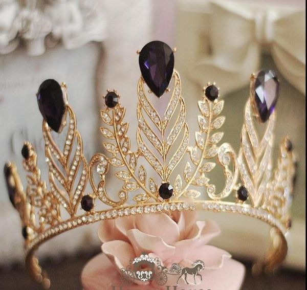 Barok tarzı düğün saç aksesuarları mor dimand kristaller prenses kraliçe inci deniz kıyısı gelin tiaras takı altın page9731562